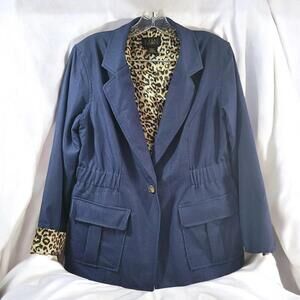 Iman Blazer Womans Large Blue, Animal Print Lining and Cuffs Gathered Waist Line